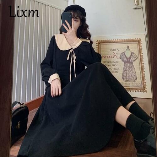 French Retro Style Lolita Doll Collar Bow Dress Waist Mid-Length Literary Sweet Elegant Dress Women Autumn Winter New