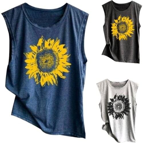 Plus Size Casual Women Summer Sleeveless Sunflower Print Loose Vest Tank Top