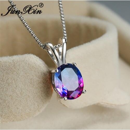 Simple Oval Rainbow Crystal Stone Pendant Necklaces For Women White Gold Colorful Zircon Blue Pink Wedding Necklace Jewelry Cz