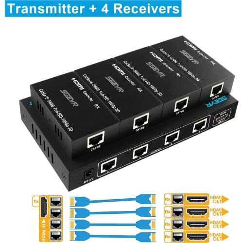 HDMI Extender HDMI Splitter 1x4 Extensor 1 to 4 196ft Over Cat5e/Cat6 Ethernet Cable Up to 60m Support 1080P@60Hz (1 In 4 Out)