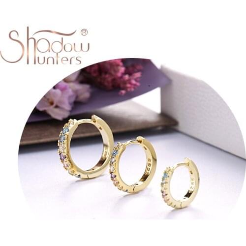 SHADOWHUNTERS Pure 925 Sterling Silver Crystal Earrings Pave Rainbow Huggies Hoop Earrings For Travel Gift Women Luxury Jewelry