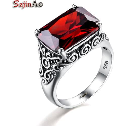100% Real 925 Sterling Silver Ring Creative Handmade Garnet Vintage Engraved Medieval Pattern Elements Rings Jewelry For Unisex