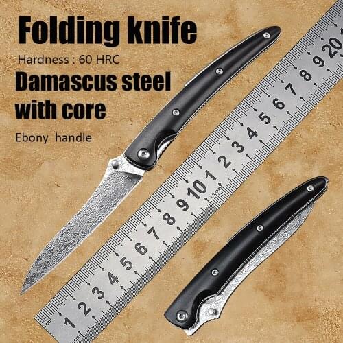 Damascus Steel Ebony Wood Handle Utility Camping Tactical Survival Self Defense Small Folding Blade Pocket Knife