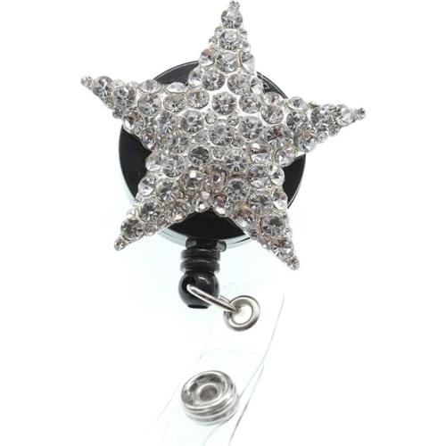 Free shipping Pentagram Rhinestone office nurse Retractable ID Badge Holder reel