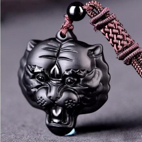 High Quality Unique Natural Black Obsidian hand Carved Tiger head Lucky Amulet Pendant Necklace For Women Men pendant