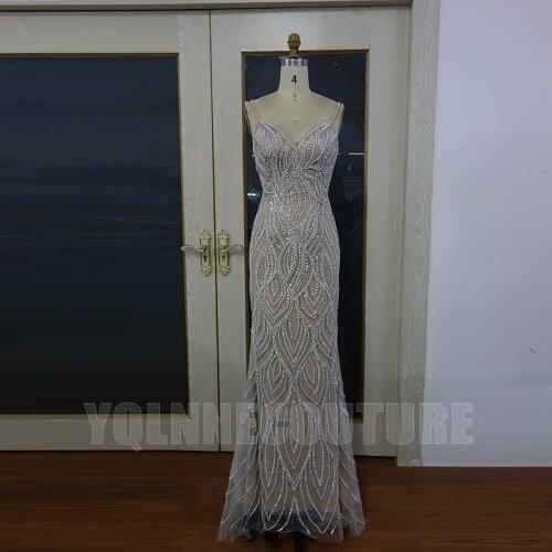 YQLNNE Luxury Nude Crystals Long Evening Dresses Mermaid Sweetheart Tulle Beaded Pearls Women Party Gown Vestidos