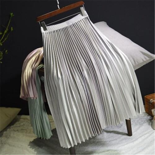 Women Pleated Maxi Skirt Mesh A Line Midi Skirts Long Shinny High Waist Elastic Spring 2021 Fashion Femme Casual Party Skirt