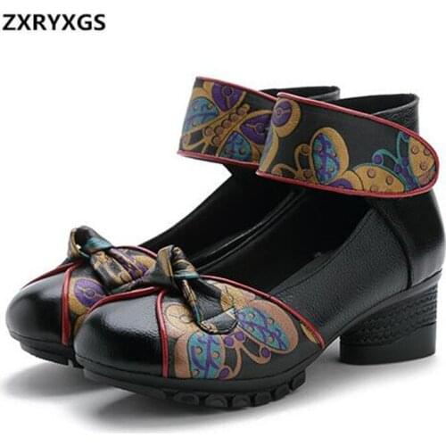New Ethnic Style Bow Cow Leather Shoes Women Pumps 2019 Spring Comfort Soft Women High Heel Shoes Non-slip Dance Shoes Woman