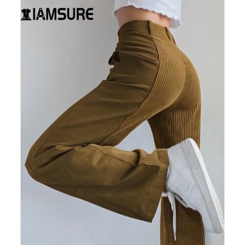 IAMSURE Corduroy Pants High Waist Vintage Korean Wide Leg Pant Elegant Patchwork Loose Cotton Streetwear New 2020 Women Autumn