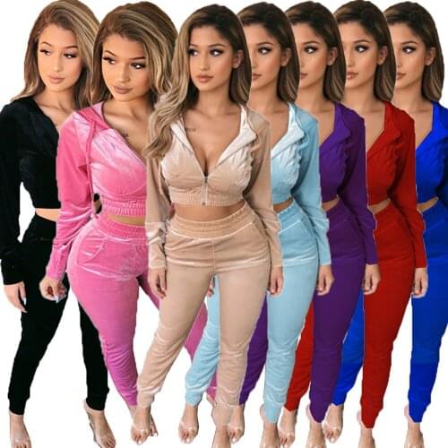 Velvet Hoodie Two-piece Set Women Long Sleeve Crop Top + Stacked Pants Leggings 2 Piece Outfits Tracksuit Lounge Wear Female
