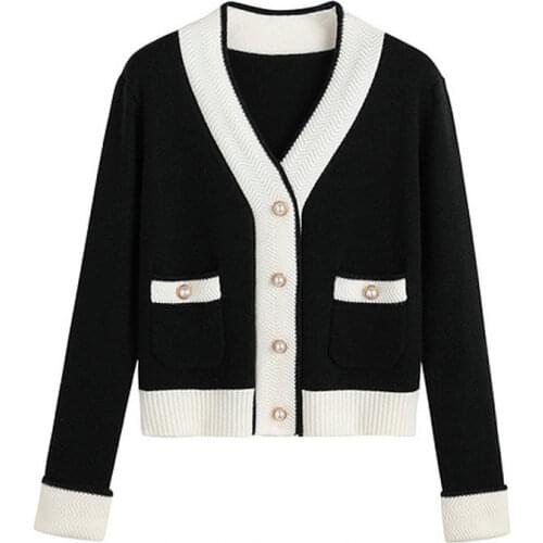 2021 Spring Autumn Women Short Cardigan Knitted Sweater Long Sleeve V Neck Loose Coat Casual Button Thick Black White Female Top