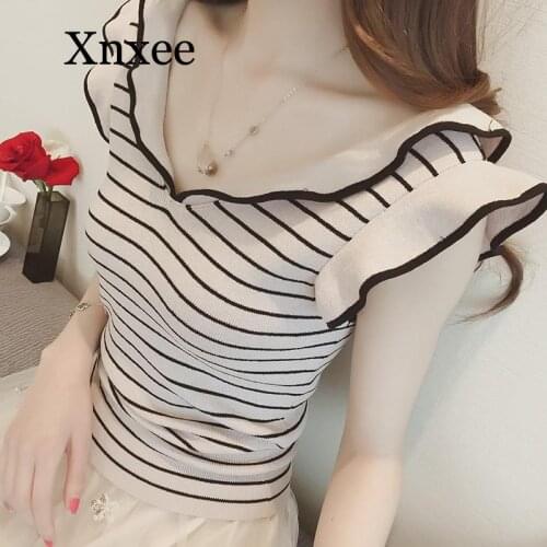 Elegant cute kawaii Spring Summer New V-neck Temperament Striped Sweater Single-breasted Conventional Sleeve Straight