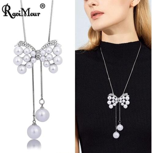 Cute Simulated Pearl Bowknot Pendant Necklace Women Fashion Jewelry Rhinestone Long Sweater Chain Choker Collares Mujer