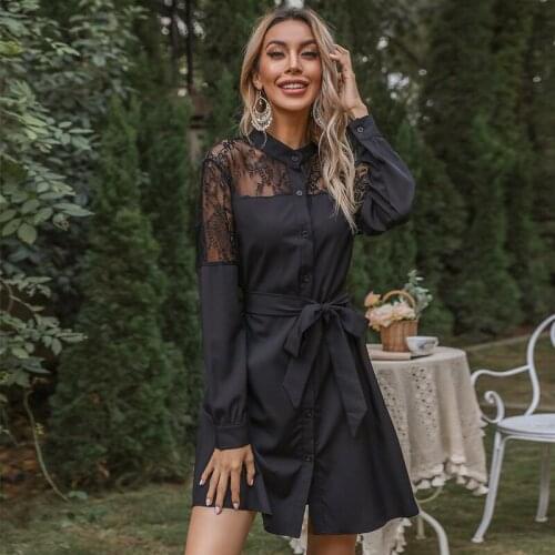 2021 New Women Spring Summer Shirt Dress Long Sleeve Turtleneck Stitching Lace Dress Sashes Elegant Clothes Vestidos