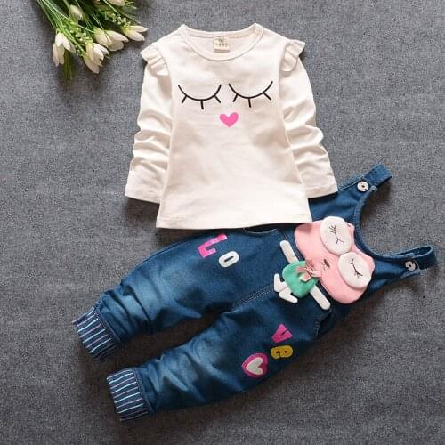 2021 Newborn Baby Girls Clothes Spring Autumn Cotton Long T-Shirt Tops + Denim Overalls Pants Kids Girl Bebes Jogging 2PCS/Sets