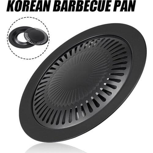 32cm Round Iron BBQ Grill Pan Korean Meat Roast BBQ Grill Plate With Holder Non Stick Barbecues Cooking Pan Tools Easy Clean