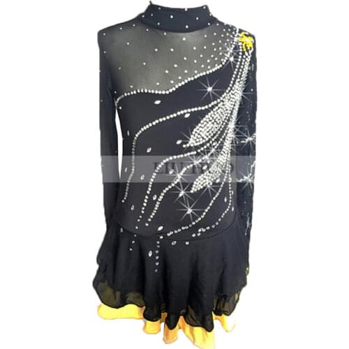 Figure Skating Dress Womens Girls' Ice Skating Dress Pure black Long sleeved collar Double light yellow black skirt collocation