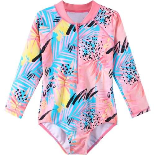 BAOHULU 4-11 Years Girls One Piece Swimsuit Kids Long Sleeves Print Peach Bathing-Suit Sun Protection Children Swimming Costumes