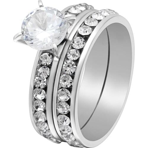 Fashion 316L Stainless Steel Ring for Men And Women Center Cool White Crystal Setting Wedding Ring Sets Jewelry Distribution