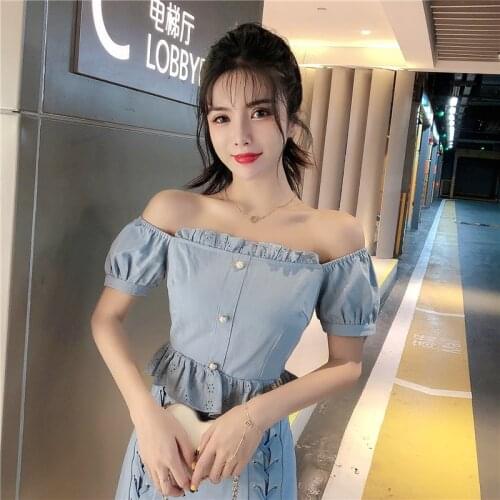 2pc/1set Summer Fashion Women Korean Sexy Off Shoulder Lace Embroidery Shirts Tops and Bandage Skirt Set Free Shipping