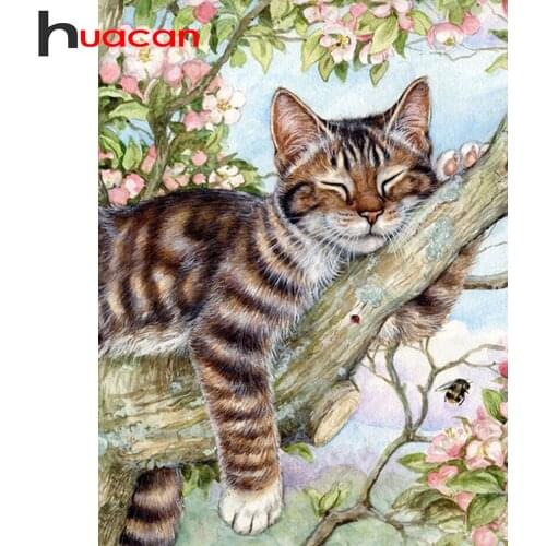 Huacan 5D DIY Diamond Painting Cat Tree Diamond Embroidery Complete Kit Animals Mosaic Cross Stitch Craft Home Decoration