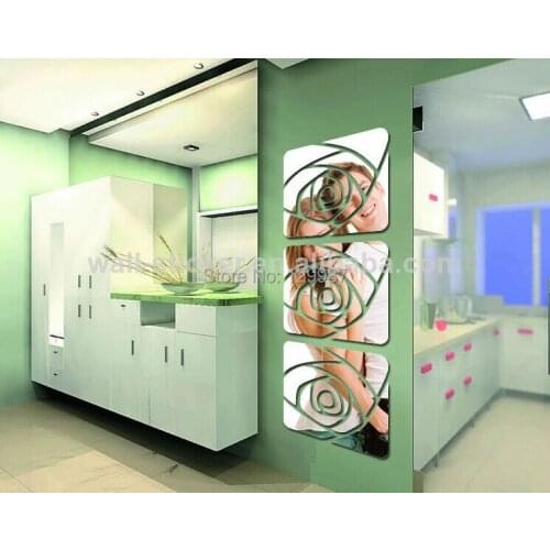 Square flower cut out rose wall mirror sticker , 3D decorative mirror wall sticker , DIY mirror sticker