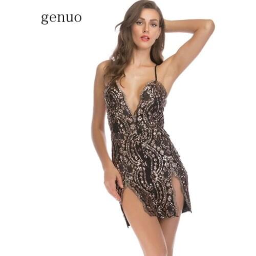 New Summer V Neck Backless Sequins Dress Double Side Slit Sexy Short Bodycon Dress Night Club Party Chic Women Mini Dresses