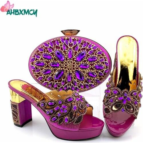 2020 New Arrivals Italian Design Suqare Heels Slipper For Garden Party Comfortable Africna Shoes and Bag Set in Purple Color