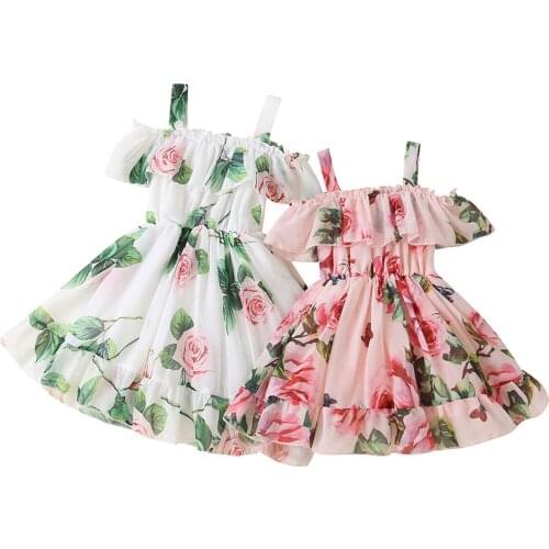 1-6y) Girls Dress Fashion Korean Summer Sleeveless Sling Ruffled Floral Print Dress Princess Dress Платья Для Девочек #l