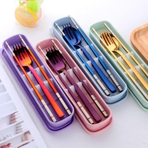 4PCS/3pcs Stainless Steel Chopsticks Spoon Fork Set Portable Dinnerware Set With Box Travel Cutlery Set Children Tableware