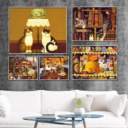 Home Decor Prints Painting Nordic Cat Bird Book Plant Pictures Wall Art Modular Canvas Watercolor Poster Modern For Living Room