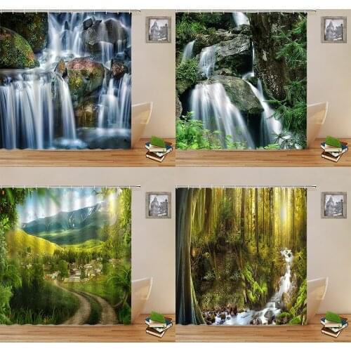 Natural Scenery Shower Curtains Waterfall Forest Stone Green Plants Landscape Pattern Bathroom Decor Cloth Hanging Curtain