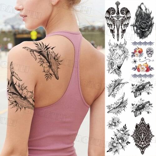 Sexy Whale Leaf Temporary Tattoo For Women Men Adult Fake Wolf Sword Gun Feather Tattoo Sticker Water Transfer Arm Chest Tatoo