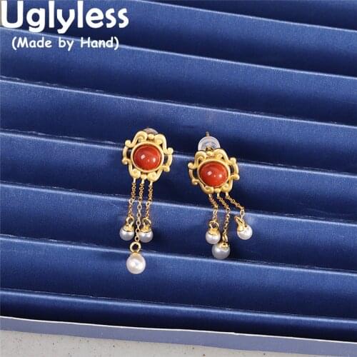 Uglyless Ethnic Tassels Earrings for Women Natural Gemstones Agate Pearls Earrings 925 Silver Long Chains Brincos Hollow Clover