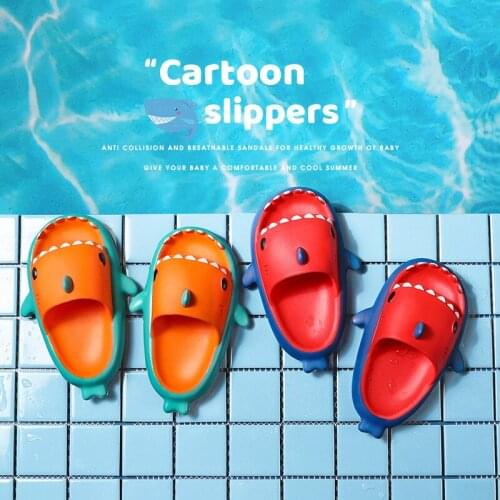 New Children Summer Shoes Kids Girl Boy Sandals Slippers Two Tone Cute Cartoon Shark Portable EVA Toddler Baby Slides Soft Sole