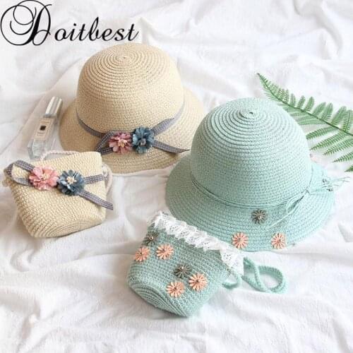 Doitbest High quality boy girls Straw Hats flowers Summer Sun Hats for kids children Beach Hats Foldable sunscreen including bag