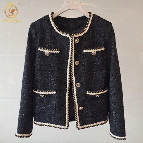 SMTHMA New Autumn Winter Female Black Tweed Jacket Women Outerwear Runway Style Single-Breasted Vintage Fashion Coat