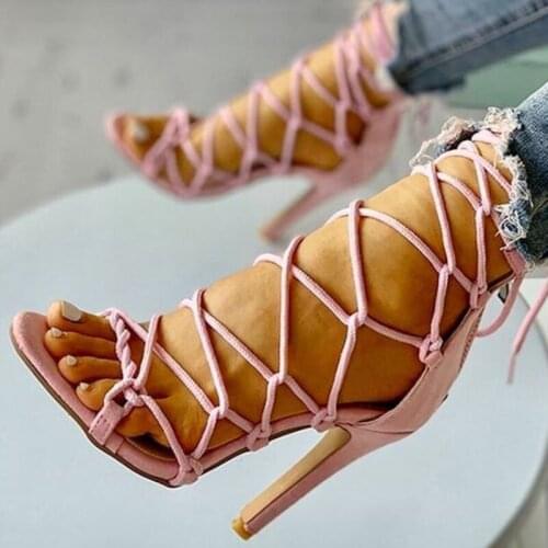 Sexy Women Pink Sandals Peep Toe High Heels Female Shoes Lace Up Ladies Pumps Narrow Band Fashion Women Sandalias Big Size 43