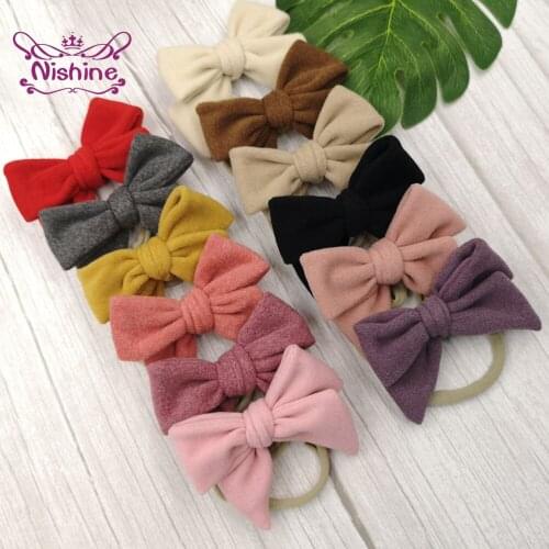 Nishine Autumn and Winter Suede Bowknot Infant Headband Solid Color Bows Nylon Hairband Soft Kids Headwear Baby Birthday Gifts