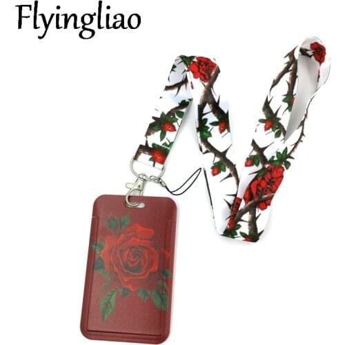 Women Feminist Rose Flowers Lanyard Credit Card ID Holder Bag Student Women Travel Card Cover Badge Car Keychain Gifts Accessory
