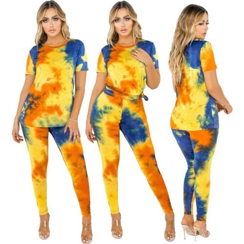 S-XXL Womens Two Piece Color Tie Dye Outfits Casual Short Sleeve T-Shirts Tops Bodycon Long Pants Joggers Sets Tracksuits