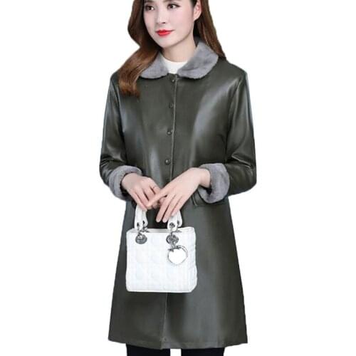 Middle-aged Women Leather Jacket Windbreaker Plus Velvet Jackets Autumn Winter Thick Mid-Long Leather Coats Plus Size 5XL