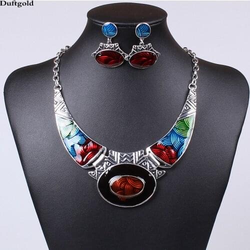 New Choker Vintage Moon Pendant Statement Necklaces Earrings Enamel Alloy Jewelry Sets For Women Fashion Femme Necklace Set
