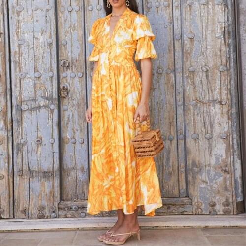 Print Long Maxi Dresses for Women Summer 2021 V Neck Buttons Lantern Sleeve Dress Yellow Tie Dye Vintage Boho Beach Dresses