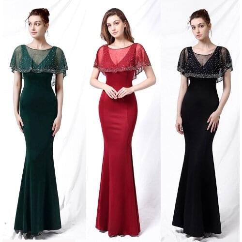 XUCTHHC Deep V Neck Sleeveless Women Evening Dress With Hot Drilling Cape Mermaid Elegant Tafftal Robe De Soriee Vestidoes