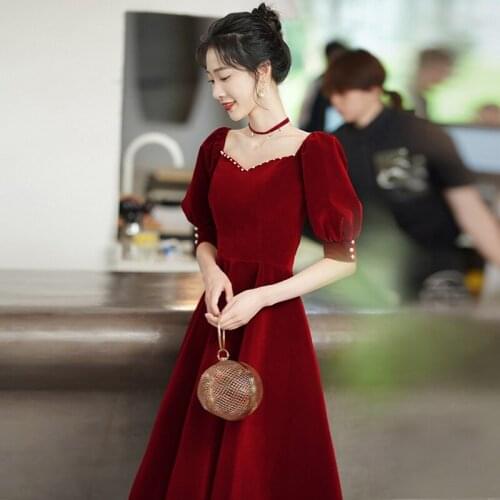 Sexy Beading Square Collar Short Sleeve Velour Evening Dress Back Bandage Women Formal Gowns Robe De Soiree Cheongsam 3XL