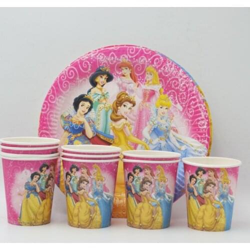 20pcs/set Ariel/Snow white/Belle/Cinderella/Jasmine/Aurora Plate/Cup Girls Birthday Decoration Cartoon Theme Party For Kid