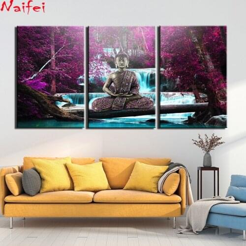 3pcs DIY Diamond Painting Buddha Needlework 5D Beautiful waterfall Diamond Mosaic Full Square round Diamond Embroidery Pattern