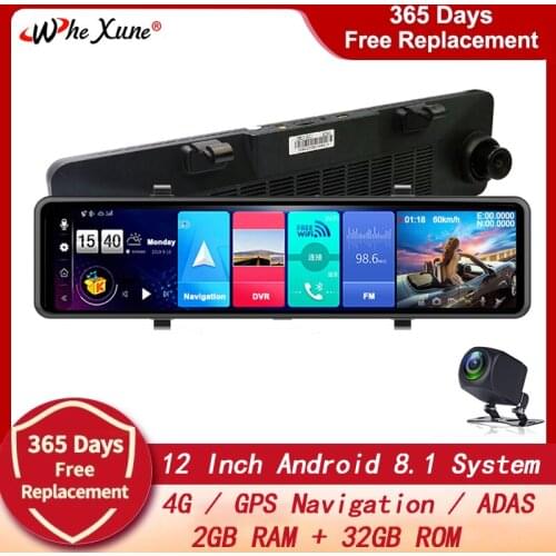 WHEXUNE 2021 New Android 8.1 Full HD 1080P 12Inch Touch IPS Car DVR with GPS Navigation WIFI Bluetooth ADAS Google Play Dash Cam