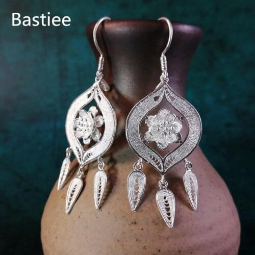 Bastiee Vintage Tassel Earrings For Women 999 Silver Jewelry Flower Hmong Handmade Luxury Gift Dangle Earing Drop Genuine Silver